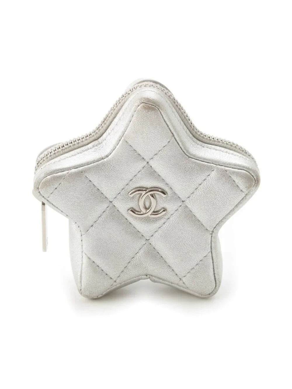 Chanel Lambskin CC Logo Quilted Star Coin Purse Pouch Silver